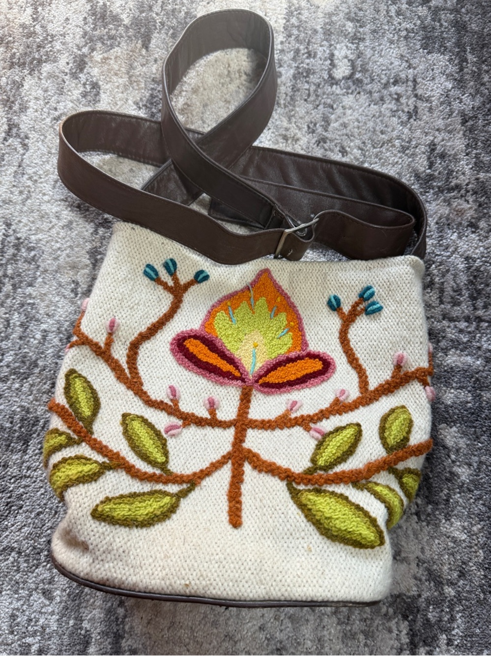 Cream Embroidered Floral Crossbody Bag with Brown Strap